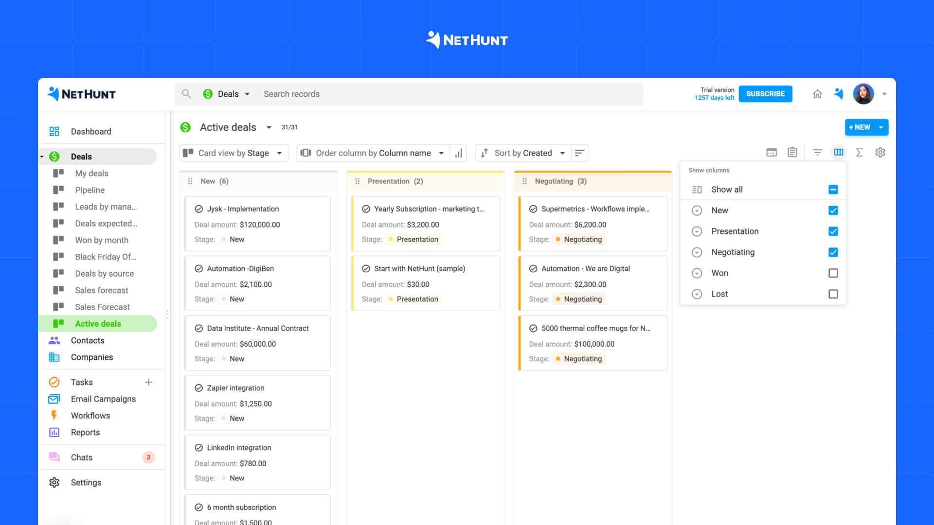 Active deals view in NetHunt CRM