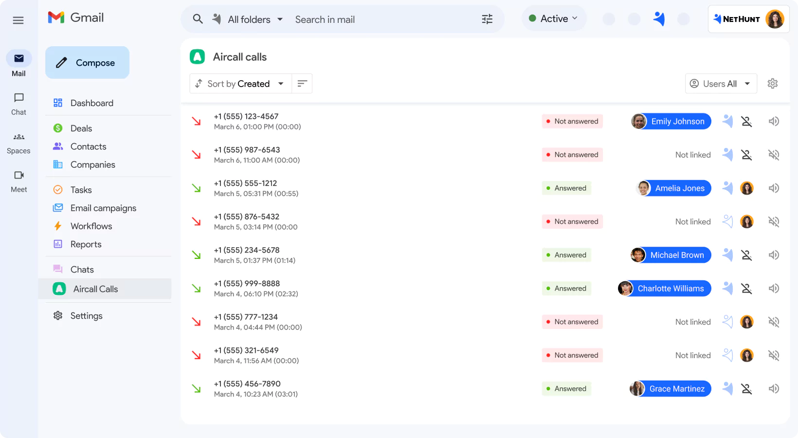 NetHunt CRM integration with Aircall screen 1