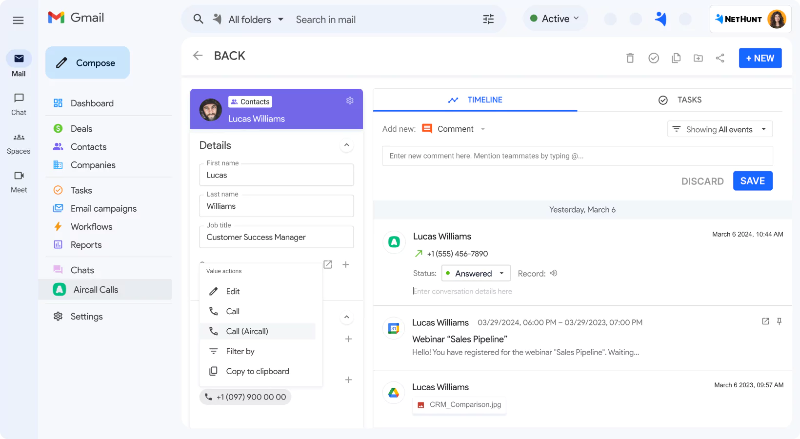 NetHunt CRM integration with Aircall screen 3